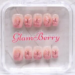 GlamBerry 10pcs Handmade Press-On Nails, Reusable, with Nail Kit - Sizes XS-L
